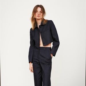 Zara NWT Dark Blue Denim Long Sleeved Blazer Cropped Jean Jacket Size Small